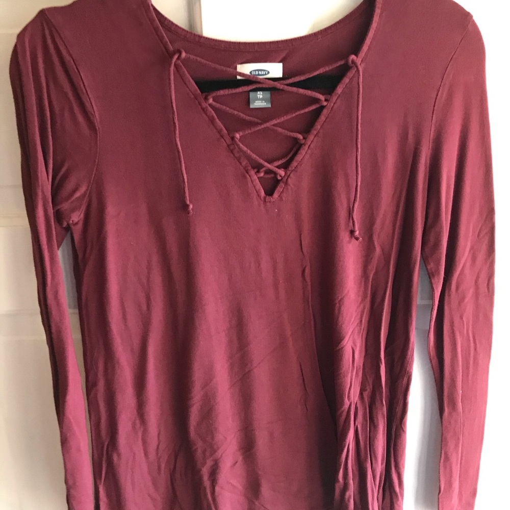 XS Old Navy Long Sleeve. Lace up Top- Burgundy
